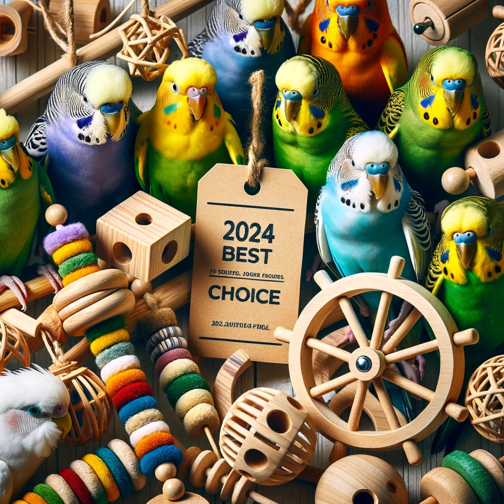 Photo of a diverse group of parakeets of different colors enjoying various toys such as chewable wood blocks, hanging ropes, and spinning wheels. A tag on one of the toys indicates '2024 Best Choice'.