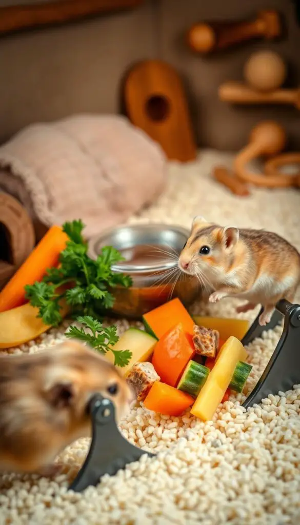 A cheerful, well-lit scene of a hamster engaging in a variety of healthy activities. In the foreground, the hamster is running on a miniature exercise wheel, its tiny paws moving with determination. In the middle ground, the hamster is snacking on a colorful assortment of fresh vegetables and fruits, including slices of carrot, a sprig of parsley, and a few pieces of melon. The background features a cozy, naturalistic habitat with soft bedding, a small water dish, and a few wooden toys for enrichment. The overall mood is one of contentment and balance, showcasing the importance of proper nutrition and exercise for a hamster's well-being.