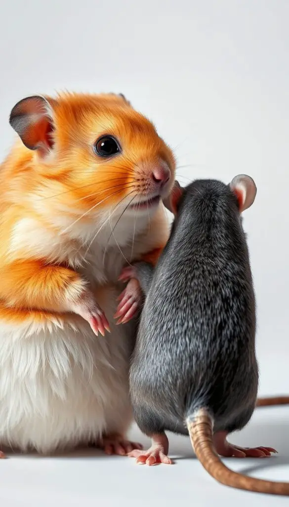 A close-up comparison of a furry golden hamster and a sleek gray rat, captured in a detailed, hyper-realistic style. The hamster and rat are side by side, showcasing their distinct physical features - the hamster's plump, rounded body and large cheek pouches, the rat's slender, elongated frame and long, hairless tail. The lighting is soft and directional, creating subtle shadows that accentuate the textures of their fur and skin. The background is a clean, minimalist white, allowing the subjects to be the central focus. The overall mood is one of scientific observation, inviting the viewer to closely examine the similarities and differences between these two small rodents.