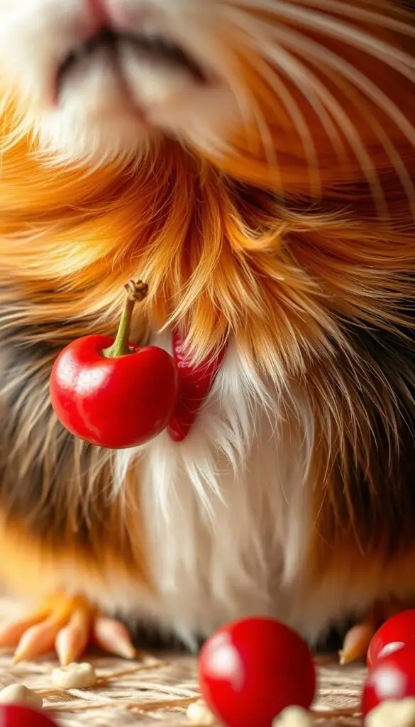 A close-up, high-resolution photograph of a guinea pig's lower abdomen, with a bright red cranberry prominently displayed in the foreground. The guinea pig's fur is neatly groomed, and the skin appears healthy and supple. The cranberry is situated in a way that highlights its connection to the guinea pig's urinary tract, conveying the idea of its potential benefits for urinary health. The lighting is soft and diffused, creating a warm, natural atmosphere. The background is slightly blurred, drawing the viewer's attention to the central elements. The image is captured at a slight angle, providing a dynamic and engaging perspective.