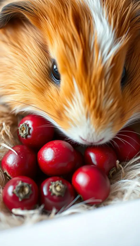 A close-up photograph of a group of fresh, vibrant cranberries nestled amidst a soft, fluffy bed of guinea pig fur. The cranberries are captured in sharp focus, their deep red hues contrasting beautifully with the warm, golden-brown tones of the guinea pig's coat. The lighting is natural and diffused, casting a gentle, almost ethereal glow on the scene. The camera angle is slightly elevated, providing a captivating bird's-eye view that invites the viewer to explore the intriguing intersection of these two elements - the nutritious cranberries and the curious guinea pig. The overall mood is one of curiosity, wonder, and a keen interest in the potential dietary benefits and risks for these beloved rodents.
