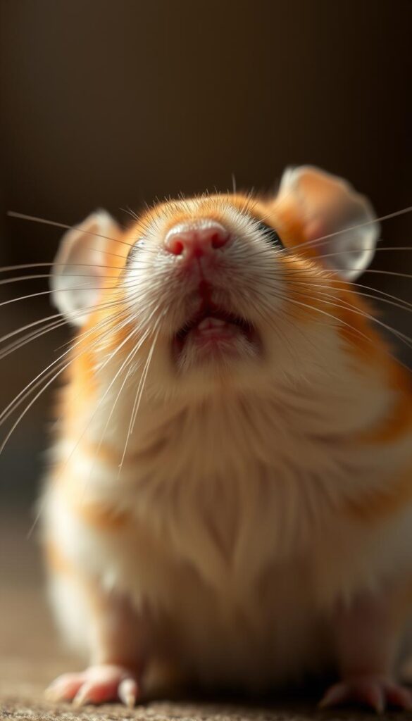 A close-up portrait of a hamster, its head tilted slightly to the side, eyes wide and expressive, conveying a range of emotions. The hamster's fur is meticulously detailed, with each individual strand captured in high resolution. The lighting is soft and diffused, creating a warm, intimate atmosphere, highlighting the hamster's delicate features and subtle shifts in mood. The background is blurred, placing the focus entirely on the hamster's face and its captivating emotional cues. The image is captured with a shallow depth of field, creating a sense of depth and drawing the viewer's attention to the hamster's soulful gaze.