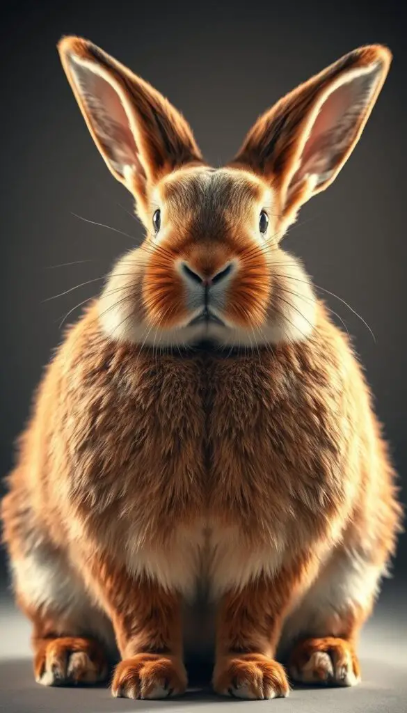 A close-up portrait of a massive Flemish Giant rabbit, its thick, coarse fur gleaming under warm, directional lighting. The rabbit's large, muscular frame dominates the frame, with a focus on its broad head, prominent jowls, and powerful hindquarters. In the middle ground, a subtle gradient showcases the rabbit's impressive size, leading the viewer's eye to appreciate its substantial meat yield potential. The background is softly blurred, conveying a sense of studio-like isolation, emphasizing the subject's physicality and growth capabilities as a meat rabbit breed.