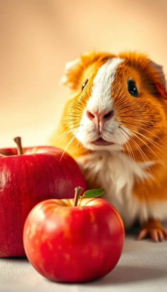 A close-up shot of a guinea pig sitting next to a fresh, crisp red apple, bathed in warm, soft lighting that highlights the guinea pig's inquisitive expression and the apple's alluring texture. The guinea pig is centered in the frame, with the apple slightly in the foreground, creating a sense of depth and balance. The background is gently blurred, creating a focus on the main subjects. The overall tone is one of tranquility and the potential benefits of this nutritious pairing.