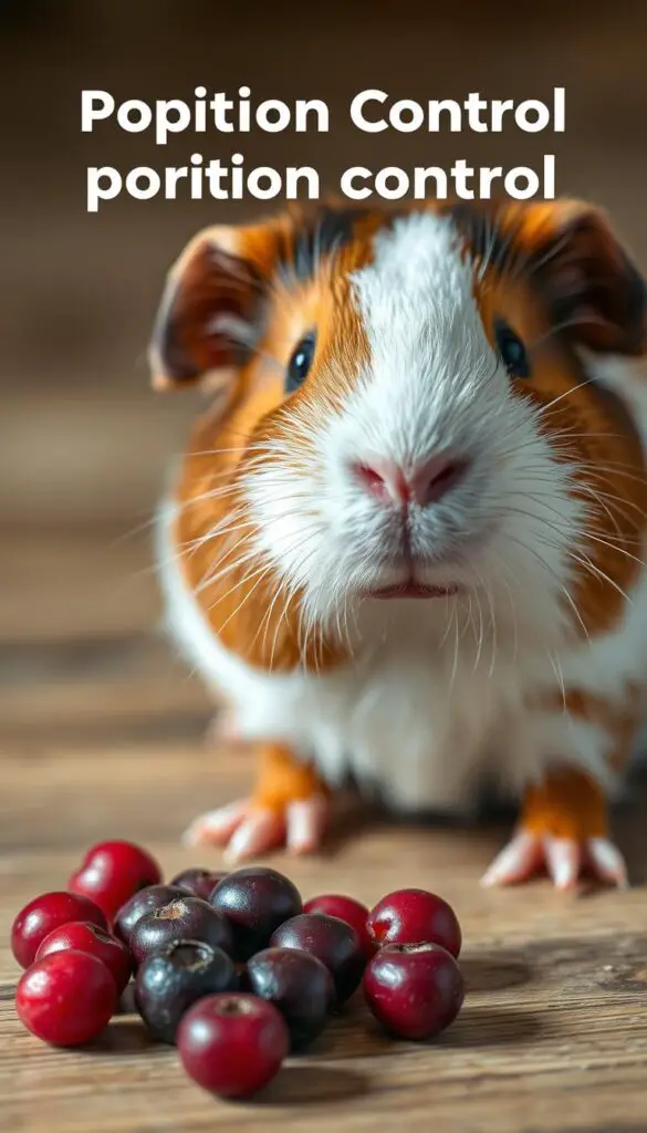 A close-up shot of a guinea pig sitting next to a small pile of fresh, ripe cranberries on a wooden surface. The guinea pig is alert and inquisitive, tilting its head slightly as it examines the crimson berries. Soft, diffused lighting illuminates the scene, casting subtle shadows and highlights on the guinea pig's fur and the delicate cranberries. The composition emphasizes the portion control aspect, with just a few cranberries present, suggesting a cautious and measured introduction of this new food. The overall mood is one of curiosity, care, and attention to detail in responsibly incorporating cranberries into the guinea pig's diet.