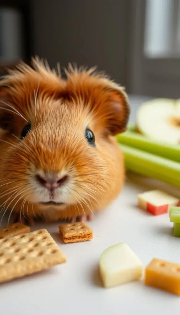 A close-up shot of a guinea pig's face, its large eyes and fluffy brown fur filling the frame. In the background, an array of common household foods - pieces of graham cracker, slices of apple, and stalks of celery - are arranged on a clean, neutral surface. The lighting is soft and diffused, creating a warm, natural atmosphere that highlights the guinea pig's delicate features. The composition draws the viewer's attention to the guinea pig, while subtly suggesting the potential risks and considerations around its diet.