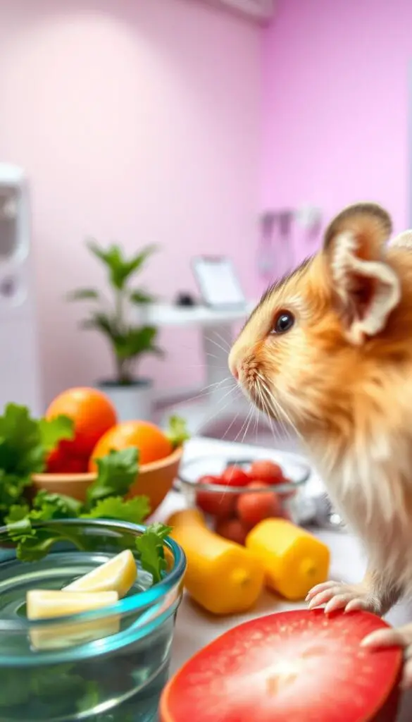 A close-up shot of a hamster's face, its whiskers twitching as it examines a selection of healthy foods, including fresh greens, fruits, and a bowl of water. In the middle ground, a veterinary examination table is visible, with medical instruments and a clipboard nearby, hinting at the importance of regular check-ups. The background features a calming, pastel-hued room, with soothing lighting that sets a serene, comforting tone, conveying the care and attention required for responsible hamster ownership.