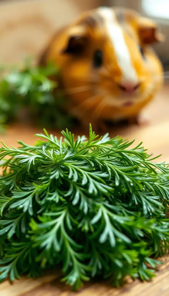 A close-up shot of a pile of fresh green dill leaves, arranged neatly on a wooden surface. The leaves are glistening with water droplets, indicating their freshness. In the background, a blurred image of a curious guinea pig peering out from the corner, conveying the connection between the dill and the animal. The lighting is soft and natural, creating a warm and inviting atmosphere. The image is captured with a shallow depth of field, focusing the viewer's attention on the vibrant, detailed texture of the dill leaves. The overall composition and styling suggests the nutritional benefits and considerations of feeding dill to guinea pigs.