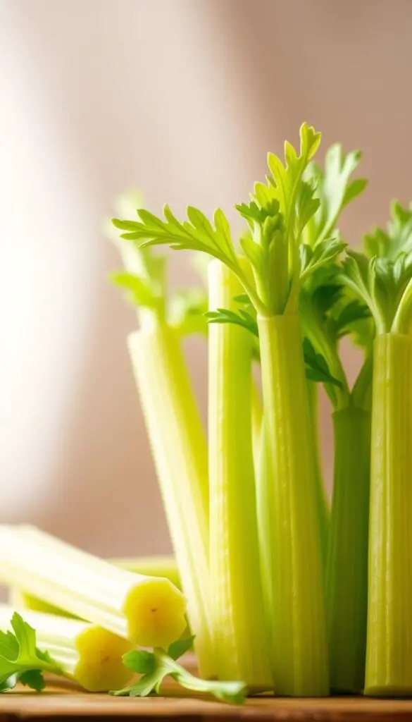 A close-up shot of fresh, vibrant celery stalks and leaves against a soft, blurred background. The celery is well-lit, showcasing its crisp texture and vibrant green hues. The image has a warm, natural tone, capturing the nutritional essence of this vegetable. The composition emphasizes the celery's visual appeal and suitability as a dietary component for a guinea pig, conveying the idea of a healthy, balanced meal. The scene is shot at a slight angle, creating depth and emphasizing the three-dimensional nature of the celery. The overall mood is one of freshness, health, and the suitability of this vegetable for a guinea pig's nutritional needs.