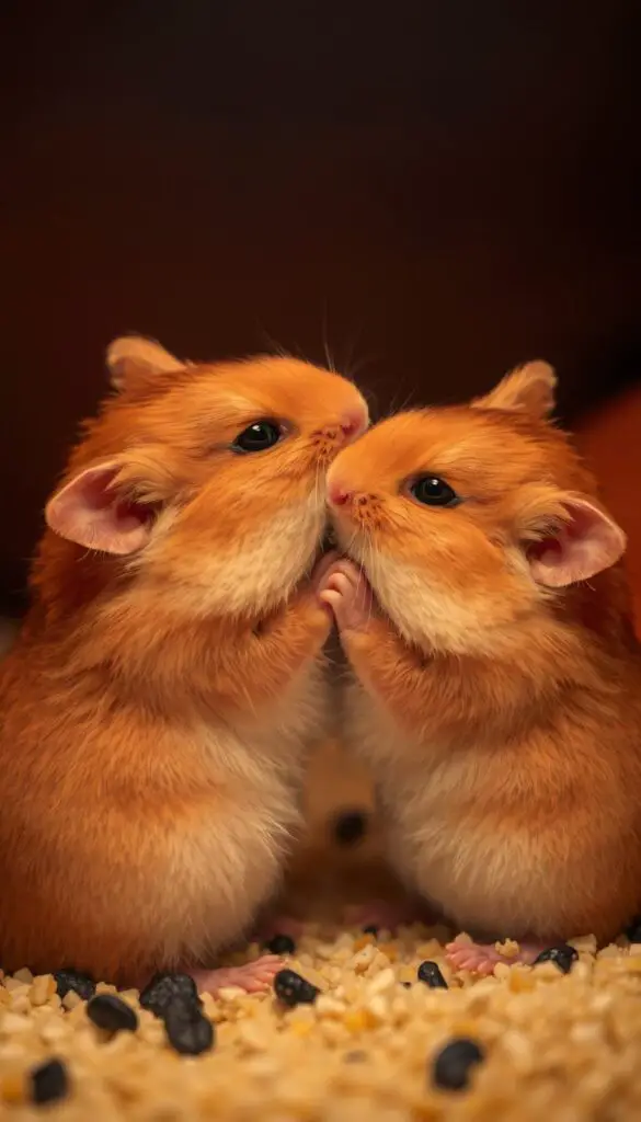 A close-up shot of two Syrian hamsters gently snuggling and grooming each other in a cozy, dimly lit habitat. The hamsters' soft, golden-brown fur appears plush and well-groomed, their bodies nestled closely together as they engage in this affectionate bonding behavior. The scene is bathed in warm, mellow lighting that creates a sense of intimacy and comfort. The background is slightly blurred, keeping the focus solely on the hamsters' endearing interaction. The overall mood is one of tenderness and tranquility, capturing the essence of hamster affection and companionship.