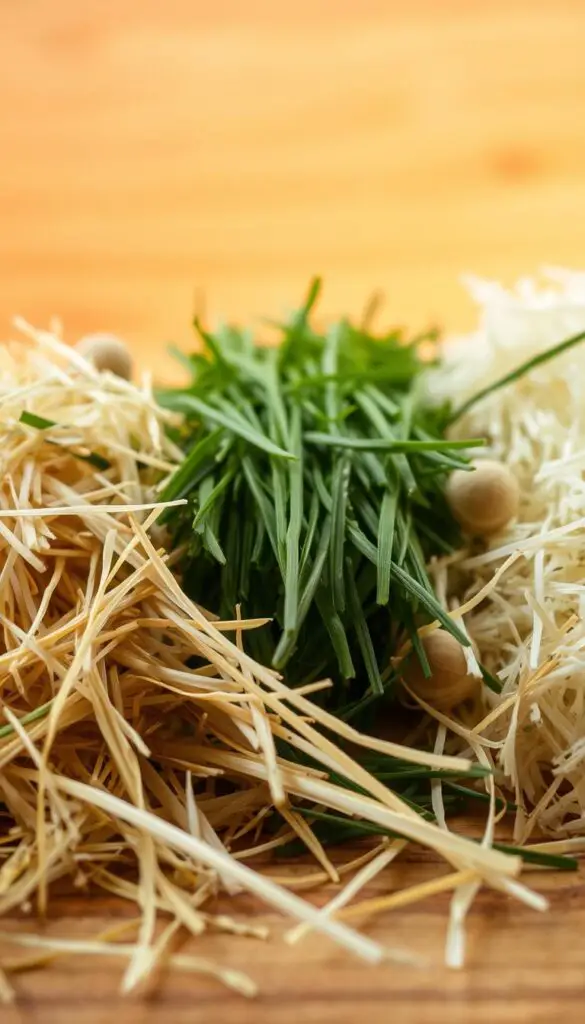 A close-up shot of various types of guinea pig hay arranged neatly on a wooden surface. In the foreground, soft and fragrant timothy hay is highlighted, its golden strands gently cascading. In the middle ground, verdant orchard grass contrasts with the lighter alfalfa hay, showcasing their distinct textures and hues. The background features a subtle, warm-toned natural lighting, casting a gentle glow over the assortment of hay, emphasizing their natural qualities. The overall composition conveys a sense of curation and attention to detail, perfect for illustrating the different hay options available for discerning guinea pig owners.
