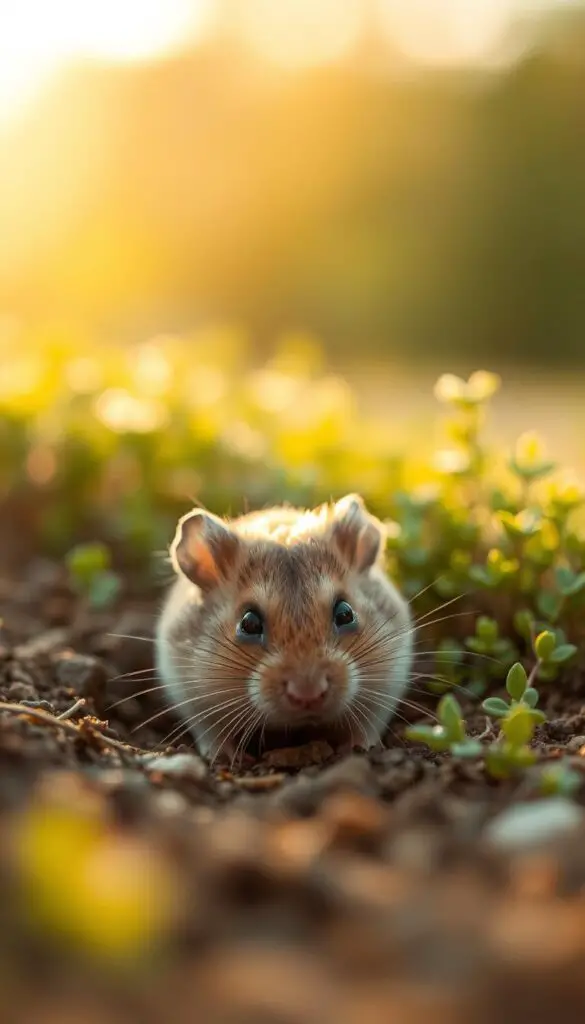 A close-up view of a curious hamster exploring its natural habitat, showcased in a warm, golden-hour lighting. The hamster is delicately sniffing the ground, its whiskers twitching as it investigates its surroundings. In the middle ground, soft, lush foliage creates a serene, natural backdrop, hinting at the hamster's cozy burrow nearby. The background is blurred, drawing the viewer's attention to the hamster's captivating, focused expression. The overall scene conveys a sense of tranquility and the hamster's inherent connection to its instinctive behaviors.
