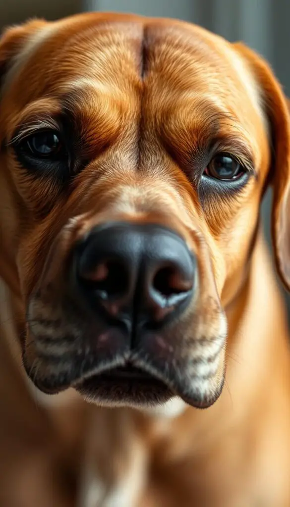 A close-up view of a dog's face, showing the telltale signs of leptospirosis - watery eyes, lethargy, and a slightly jaundiced complexion. The lighting is soft and natural, highlighting the details of the dog's features. The background is blurred, keeping the focus on the dog's expression, which conveys a sense of discomfort and vulnerability. The image is captured with a macro lens, creating a sense of intimacy and allowing the viewer to closely examine the symptoms. The overall mood is one of concern and a need to respond to the early warning signs of this serious illness.