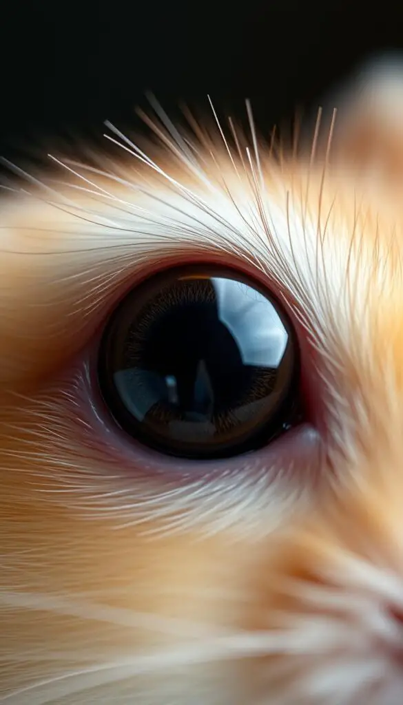 A close-up view of a hamster's eye, capturing the intricate anatomy and biological features that contribute to its visual perception. The eye is illuminated with soft, directional lighting, revealing the delicate structure of the cornea, iris, pupil, and lens. The image is captured at a high magnification, allowing viewers to observe the unique rod-dominated retina and the distribution of photoreceptors, providing insights into the hamster's visual capabilities. The background is blurred, maintaining the focus on the captivating details of the hamster's eye biology.