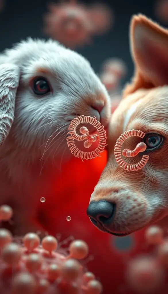 A close-up view of leptospirosis bacterial strains, depicted as intricate spiraling structures, infecting the tissues of a rabbit and a dog. The scene is illuminated by soft, diffused lighting, creating a scientific and clinical atmosphere. The bacterial forms are rendered with meticulous detail, showcasing their unique morphological features. The rabbit and dog are presented in a neutral, non-anthropomorphic manner, emphasizing the biological connection between the species and the potential for disease transmission. The overall composition suggests the complex interplay between the pathogens, the animal hosts, and the potential for cross-species infection.
