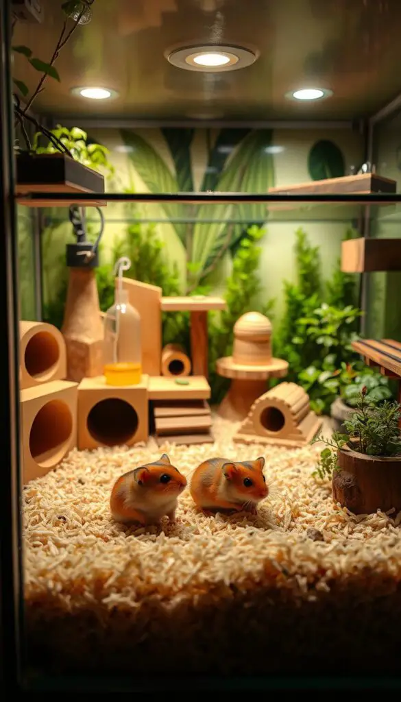 A cozy and well-equipped dwarf hamster cage setup with a natural-looking landscape. In the foreground, a spacious glass terrarium houses a pair of playful dwarf hamsters nestled in a soft, shredded bedding material. The middle ground features a variety of wooden hides, tunnels, and platforms for the hamsters to explore, along with a water bottle and food dish. In the background, lush greenery, such as small plants and leaves, creates a tranquil, forest-like atmosphere. Warm, diffused lighting softly illuminates the scene, casting gentle shadows and highlighting the hamsters' delicate features. The overall composition conveys a harmonious and secure environment for the dwarf hamsters to thrive.