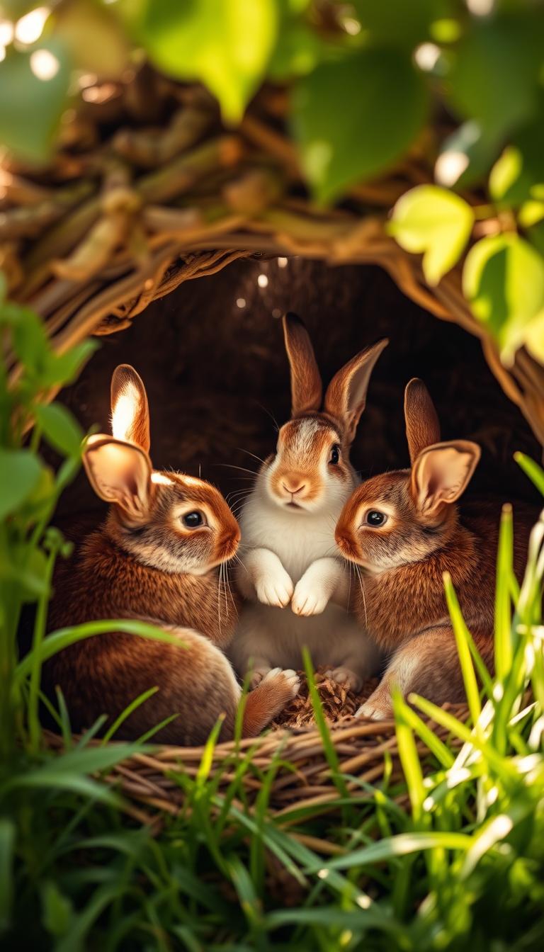 A cozy den nestled in a lush, verdant meadow, sunlight gently filtering through the leaves. Three rabbits sit in a circle, their bodies angled towards each other, ears perked up and eyes locked in a gentle, affectionate gaze. Their paws occasionally touch, a subtle yet meaningful exchange of social bonding. The scene radiates a sense of trust, harmony, and the unspoken language of rabbit companionship. Soft, diffused lighting casts a warm, inviting atmosphere, capturing the essence of rabbits' social dynamics in their natural habitat.