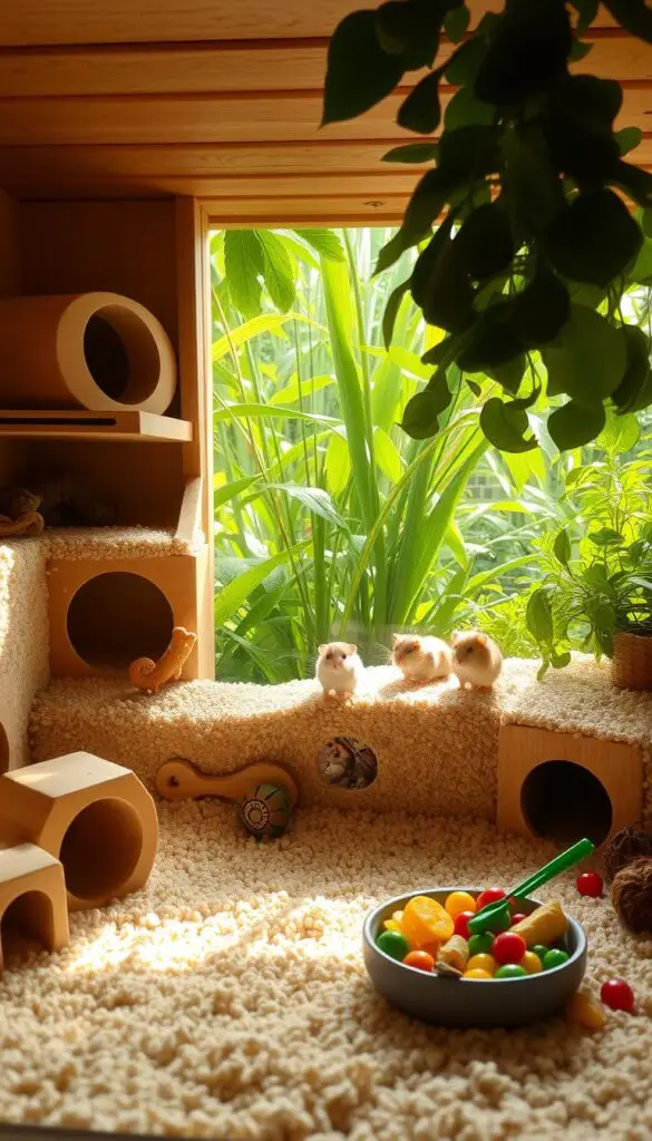 A cozy hamster habitat setup, bathed in warm, natural lighting. In the foreground, a spacious, multilevel enclosure filled with soft bedding, wooden tunnels, and an assortment of chew toys. In the middle ground, lush greenery and leafy plants create a verdant, naturalistic backdrop. The hamster's living area is complemented by a shallow dish of fresh water and a selection of healthy, colorful food items. The overall scene conveys a sense of comfort, security, and attention to the hamster's well-being, reflecting the importance of providing an enriching environment for these emotive, social creatures.