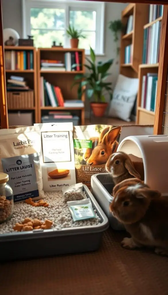 A cozy rabbit hutch with a litter box in the foreground, the rabbit examining it curiously. In the middle ground, various litter training supplies are neatly arranged - different litter materials, treats, and a training guide. The background depicts a tranquil, sun-dappled room, with shelves of rabbit care books and a potted plant adding a touch of nature. Soft, warm lighting creates a welcoming atmosphere, inviting the viewer to delve into the process of troubleshooting litter training challenges for their rabbit companion.