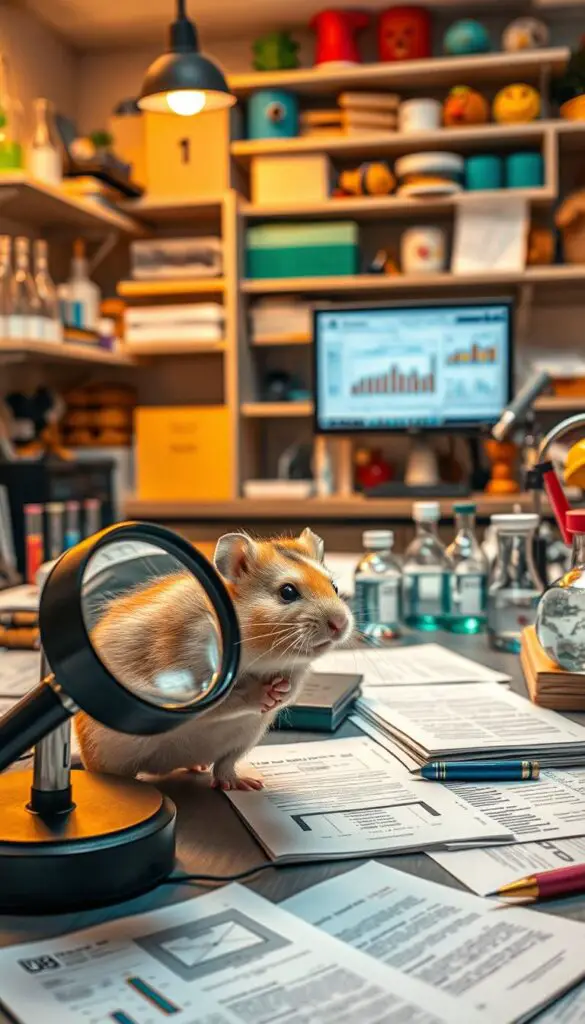 A cozy research lab filled with scientific instruments and hamster-themed decor. In the foreground, a curious hamster peers through a magnifying glass, its fur shimmering under warm lighting. On the desk, scattered papers and books suggest ongoing studies and observations. The middle ground showcases various test tubes, beakers, and a computer displaying graphs and charts, hinting at the data-driven nature of the research. In the background, shelves lined with hamster toys and enrichment items create a welcoming, nurturing environment for the subjects of this scientific inquiry. The overall mood is one of thoughtful exploration, where the emotional lives of these furry creatures are meticulously examined.