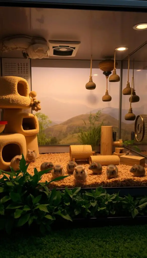 A cozy, well-designed habitat for happy, healthy hamsters. A spacious glass enclosure with natural-looking substrate, various hiding spots, and enrichment toys. Soft bedding, fresh water, and a wheel for exercise. Subtle, warm lighting casts a gentle glow, creating a calming atmosphere. In the foreground, a group of curious hamsters explore their safe, stimulating environment. The middle ground showcases lush, verdant foliage and natural decor, while the background features a tranquil, soothing landscape. This harmonious, inviting scene promotes the optimal breeding conditions for these delightful rodents.