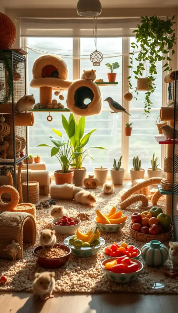 A cozy, well-designed hamster enrichment setup, bathed in warm, natural lighting. In the foreground, a large, multilevel habitat with various tunnels, platforms, and hiding spots, inviting the hamster to explore and play. Scattered throughout, an assortment of chew toys, tunnels, and foraging elements that stimulate the hamster's natural behaviors. In the middle ground, a selection of fresh fruits and vegetables, placed in visually appealing dishes. The background features a tranquil, nature-inspired setting, with potted plants and subtle decorative accents that create a calming, harmonious atmosphere. The overall scene conveys a sense of comfort, engagement, and attention to the hamster's well-being.