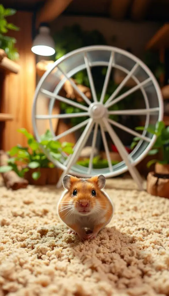 A cozy, well-lit hamster habitat showcases the lively, playful nature of these misunderstood rodents. In the foreground, a hamster scurries across a plush, textured substrate, its fluffy cheeks and curious expression dispelling the notion of suicidal tendencies. In the middle ground, a hamster wheel spins steadily, reflecting the boundless energy and determination of these small companions. The background depicts a naturalistic setting, with wooden structures, verdant plants, and subtle lighting that creates a warm, inviting atmosphere, underscoring the hamsters' ability to thrive in enriched environments. The overall scene conveys the vibrant, active lifestyle of hamsters, challenging the persistent myth of their self-destructive behavior.