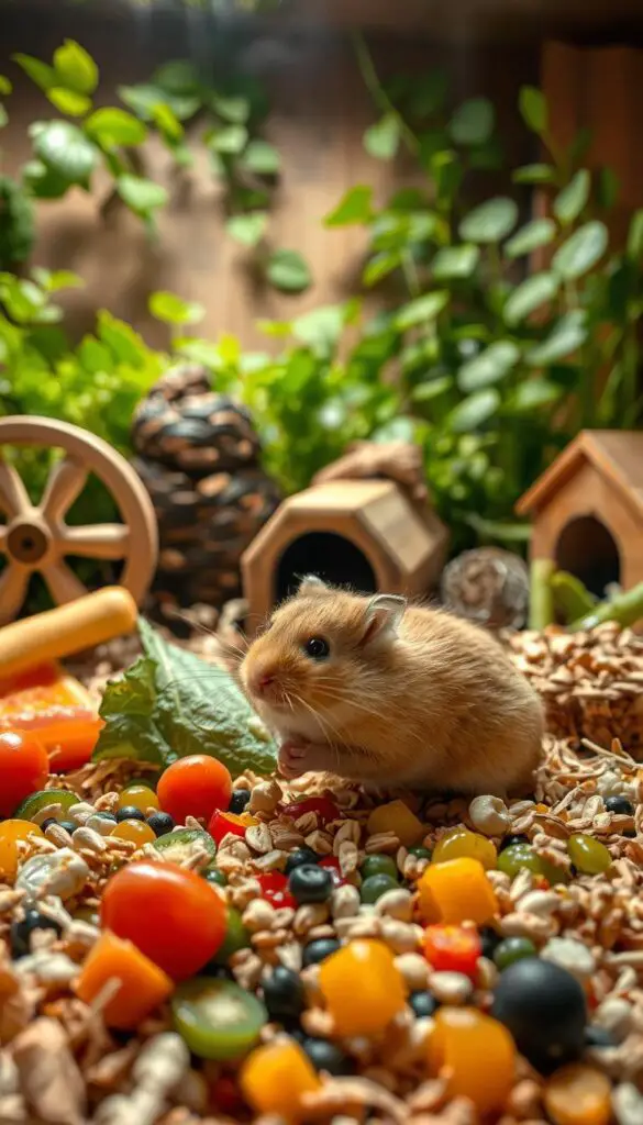 A cozy, well-lit hamster habitat showcases their diverse dietary needs. In the foreground, a furry golden hamster munches on a colorful assortment of fresh vegetables, fruits, and seeds, surrounded by a natural-looking bedding of shredded paper and hay. In the middle ground, a wooden wheel and a small hiding house provide enrichment and shelter. The background depicts a lush, verdant terrarium with leafy plants, creating a serene and naturalistic environment. Soft, diffused lighting casts a warm glow, highlighting the hamster's curious expression and the vibrant hues of its food. The composition emphasizes the hamster's role as a small, yet important, member of the rodent family, thriving in a carefully curated habitat that meets its specific dietary and behavioral requirements.