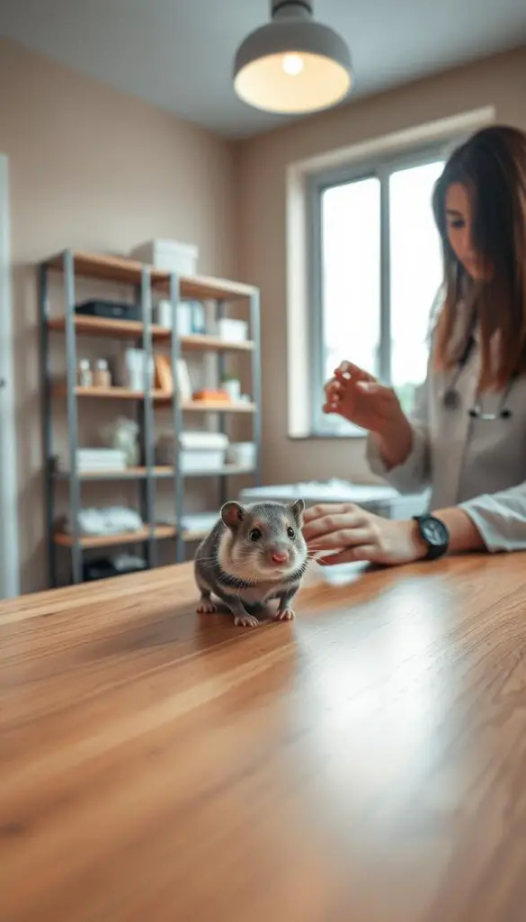 A cozy, well-lit veterinary clinic interior, with a wooden examination table in the foreground. On the table, a curious hamster is being gently examined by a caring veterinarian, their face obscured but their hands delicately checking the animal's health. In the middle ground, shelves are stocked with medical supplies, and a large window floods the room with natural light. The background features soothing, muted tones, creating a calming atmosphere conducive to pet wellness. The scene conveys a sense of trust, professionalism, and dedication to the hamster's well-being.