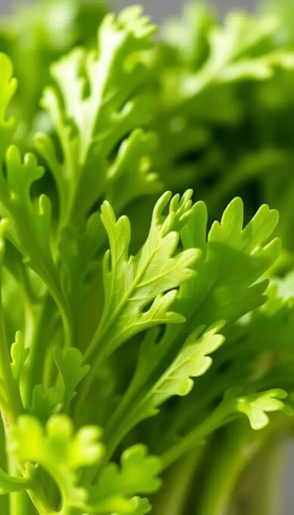 A crisp, vibrant close-up of fresh celery leaves, lush and verdant, against a softly blurred background. The leaves are positioned at a slight angle, catching the gentle, natural lighting from an unseen source, casting delicate shadows and highlights that accentuate their intricate, segmented textures. The image conveys a sense of health, vitality, and the nutritious potential of these leafy greens, perfectly suited to illustrate a section on whether guinea pigs can safely consume them.
