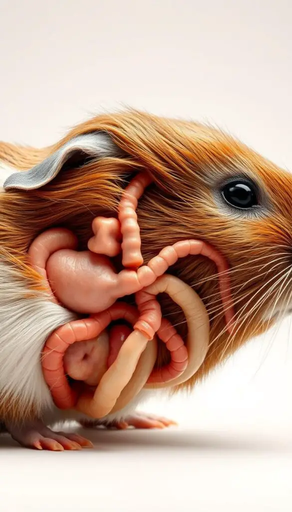 A detailed close-up of a guinea pig's digestive system, showcasing the complex network of organs and pathways. The image is rendered in a scientific, anatomical style, with a crisp, high-resolution focus on the key elements. The lighting is soft and diffused, creating a sense of depth and dimensionality. The background is a clean, neutral tone, allowing the subject to take center stage. The overall mood is one of educational clarity, inviting the viewer to explore the intricacies of the guinea pig's digestive health.