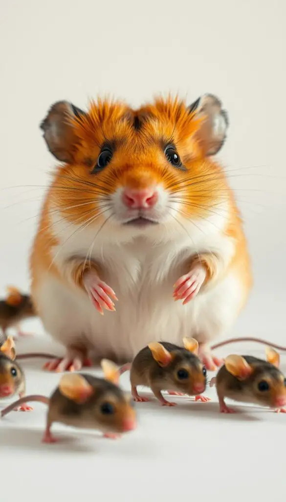 A detailed close-up of a worried-looking hamster and several scurrying mice, illuminated by soft, natural lighting. The hamster appears anxious, its eyes wide, while the mice dart around its feet, conveying a sense of potential health risks and challenges. The scene is set against a clean, neutral background, allowing the subjects to be the focal point. The composition emphasizes the tension and potential interaction between the two species, hinting at the complexities and dangers that can arise when they coexist. The overall mood is one of caution and concern, reflecting the thematic focus on the risks associated with hamsters and mice breeding.
