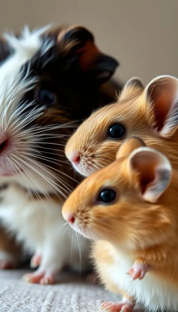 A detailed close-up of the physical traits shared by guinea pigs and hamsters, showcasing their similarities and differences. Captured under soft, natural lighting from the side, revealing their distinctive facial features, rounded bodies, and furry coats. The image focuses on the foreground, with a slightly blurred, neutral background, emphasizing the texture and proportions of these two closely related rodents. The mood is one of scientific curiosity and visual exploration, inviting the viewer to appreciate the subtle connections between these popular household pets.
