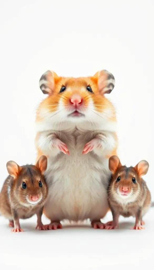 A detailed comparison of a hamster and two mice, set against a clean, white background. The hamster is centered, standing upright, with its distinctive cheek pouches and fluffy fur. The two mice are positioned on either side, one slightly larger than the other, their sleeker bodies and pointed snouts contrasting with the hamster. Soft, even lighting captures the texture and details of each rodent's features. The composition is balanced, with the subjects arranged in a triangular layout to draw the viewer's eye. The overall mood is one of scientific observation, inviting close inspection and consideration of the similarities and differences between these small mammals.