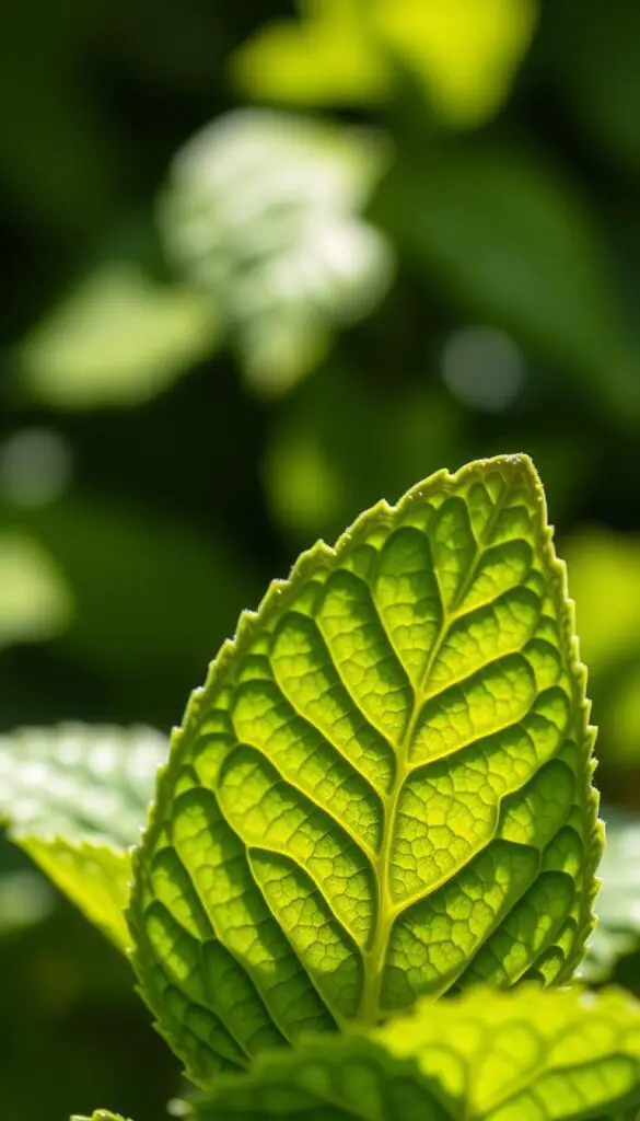 A detailed cross-section of a fresh mint leaf, illuminated by soft, natural lighting and captured with a high-resolution macro lens. The leaf's vibrant green hues and intricate vein patterns are prominently featured, showcasing the leaf's delicate structure. In the background, a blurred, out-of-focus greenery creates a soothing, botanical ambiance. The image conveys the lush, fragrant, and nutritious qualities of mint, highlighting its key nutritional properties.