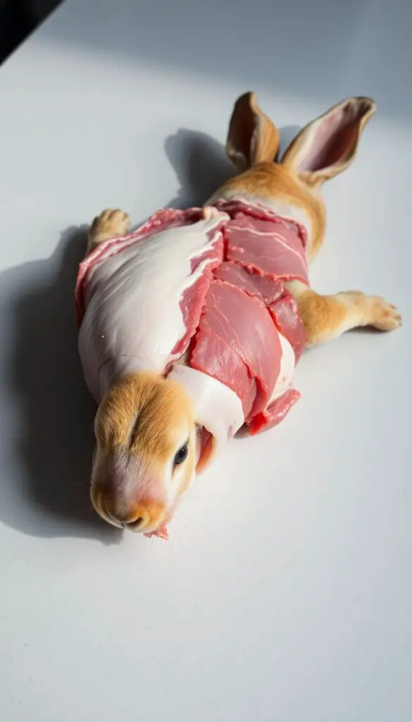 A detailed, high-resolution image of a meat evaluation process, showcasing a well-lit, close-up view of rabbit carcass sections on a clean, neutral-colored surface. The carcass is positioned to reveal the various cuts and muscle groups, allowing for assessment of meat quality, texture, and yield. The image has a clinical, yet informative atmosphere, with subtle shadows and balanced lighting to accentuate the anatomical features. The angle and framing prioritize the visual analysis of the meat, conveying the technical aspects of evaluating a rabbit's suitability as a meat source.