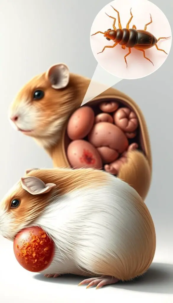 A detailed medical illustration showcasing the common health issues affecting guinea pigs. In the foreground, a close-up view of a guinea pig's abdomen, revealing an inflamed ovary with a large cystic growth. In the middle ground, a cross-section of the guinea pig's body, highlighting signs of a bacterial or fungal infection, such as inflamed tissues and discolored organs. In the background, a magnified view of parasites, like mites or lice, clinging to the guinea pig's fur. The scene is illuminated by a soft, natural light, capturing the delicate textures and subtle colors of the guinea pig's anatomy. The overall mood is one of clinical precision, conveying the importance of understanding and addressing these prevalent health concerns in guinea pigs.
