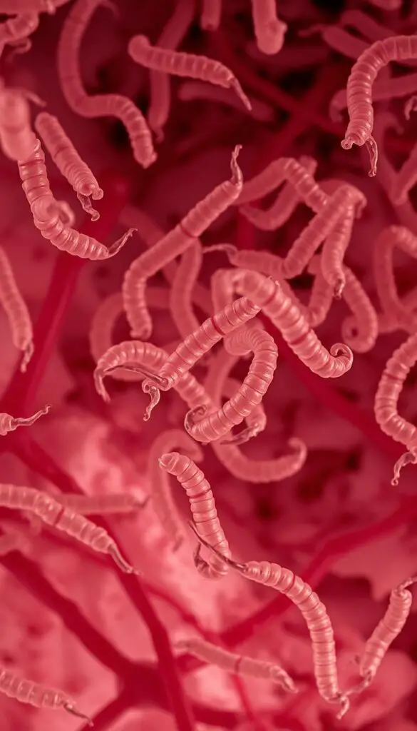 A detailed microscopic view of leptospirosis bacteria infecting the tissues of a dog. The bacteria are depicted as spiraling, translucent rods with hooked ends, swarming amidst the cells and blood vessels of the dog's organ or tissue sample. The image has a clinical, scientific feel with a shallow depth of field, crisp focus on the bacteria, and muted, desaturated colors. The lighting is soft and directional, casting subtle shadows that accentuate the three-dimensional structure of the bacteria. The composition places the bacteria as the clear focal point, with the surrounding cellular environment providing contextual detail.