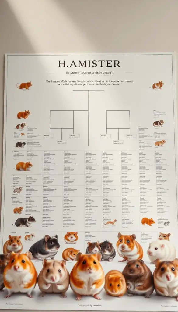 A detailed scientific classification chart depicting various hamster species, rendered in a clean, minimalist style. The foreground features lifelike illustrations of several distinct hamster breeds, arranged in a grid-like layout. The middle ground showcases a large taxonomic tree with genus and species names in a neat, legible font. The background is a soft, muted gradient, allowing the information to take center stage. Subtle lighting from the top left casts a natural, scholarly ambiance, while the camera angle is positioned to provide a comprehensive, informative overview of the hamster classification system.