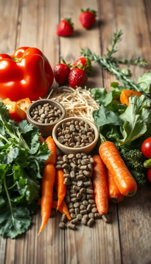 A detailed still life depicting the essential dietary elements for a healthy guinea pig. In the foreground, a selection of fresh vegetables including leafy greens, carrots, and bell peppers, arranged artfully on a wooden surface. The middle ground showcases a scattering of timothy hay and a small ceramic bowl filled with guinea pig pellets. In the background, a few ripe strawberries and a sprig of rosemary add pops of vibrant color. The scene is evenly lit from the side, casting soft shadows and highlighting the textures of the diverse food items. The overall mood is one of wholesome, natural nourishment, perfectly suited to illustrate the dietary needs of these beloved pocket pets.