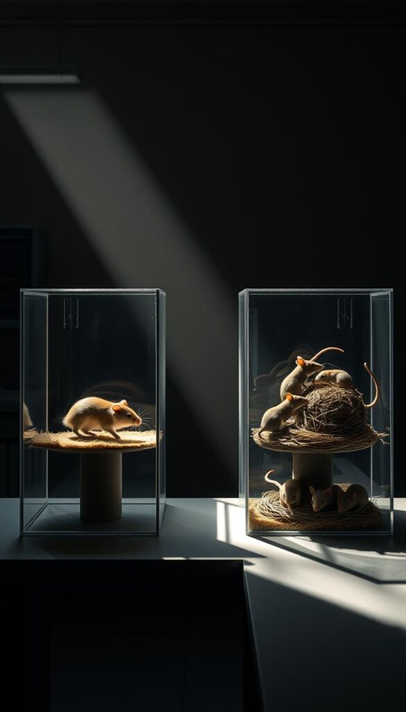 A dimly lit laboratory setting, with a central workbench displaying two glass enclosures side by side. In the left enclosure, a curious hamster scurries about, while in the right, several smaller mice scamper and nest. Overhead, a soft, natural light filters in, casting subtle shadows that accentuate the differences in size, shape, and behavior between the two rodent species. The scene conveys a sense of scientific exploration, inviting the viewer to observe and compare the distinct reproductive characteristics of these animals.