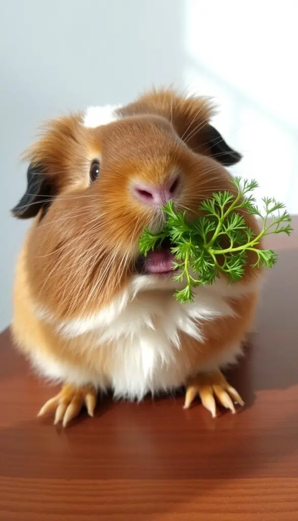 A furry guinea pig with a friendly expression sits on a wooden surface, intently nibbling on a vibrant sprig of dill. Soft, natural lighting illuminates the scene, casting gentle shadows. The guinea pig's fur has a fluffy, textured appearance, and its eyes are alert and attentive as it savors the fresh, aromatic herb. The dill's delicate, feathery leaves stand out against the plain, uncluttered background, emphasizing the interaction between the guinea pig and its tasty snack. The overall mood is one of tranquility and simple pleasure, capturing the joy of a guinea pig indulging in a favorite treat.