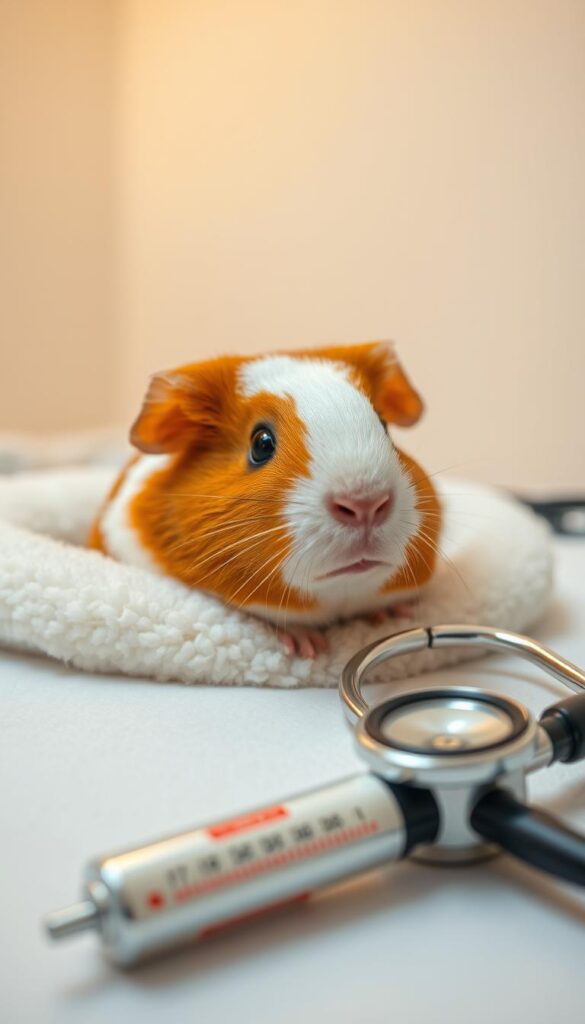 A guinea pig resting on a soft, plush bedding, its eyes alert and attentive. In the foreground, a veterinary thermometer and a stethoscope lie nearby, suggesting a routine health check-up. The background features a clean, well-lit examination table, with a gentle, warm lighting that creates a soothing atmosphere. The guinea pig's fur appears clean and shiny, and its posture conveys a sense of calm and comfort. The image captures the essence of monitoring a guinea pig's health, emphasizing the importance of regular check-ups and attentive care.