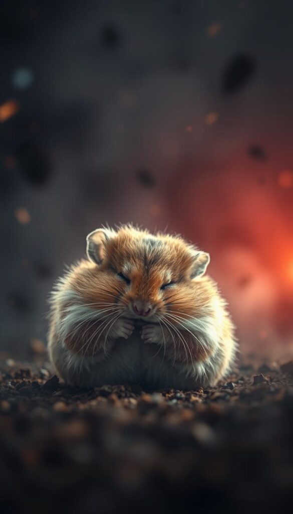 A hamster curled up tightly, its eyes shut tight, surrounded by a chaotic swirl of distorted sensory inputs - flashing lights, distorted sounds, and a hazy, oppressive atmosphere. The hamster's fur is ruffled and disheveled, conveying its mounting stress and anxiety. The foreground is bathed in a harsh, unnatural lighting that casts deep shadows, heightening the sense of distress. The middle ground features blurred, ominous shapes and textures, hinting at the deterioration of the hamster's senses. The background is shrouded in a gloomy, foreboding mist, creating an overwhelming sense of isolation and despair. Overall, the image evokes the debilitating impact of sensory decline and the intense stress experienced by the hamster.