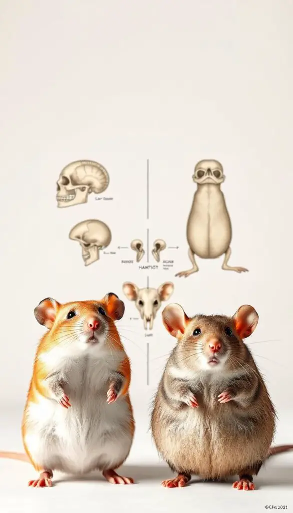 A head-to-head comparison of a hamster and a rat, displayed in a scientific illustration style. In the foreground, the sleek, pointed-snouted rat and the round, chunky hamster are positioned side by side, their distinct physical features highlighted. In the middle ground, detailed anatomical diagrams showcase the key differences in their skull shapes, dentition, and limb structures. The background is a minimalist, white studio setting, lending an objective, educational tone. Warm, directional lighting casts subtle shadows, emphasizing the textural details of their fur and skin. The overall mood is one of analytical clarity, inviting the viewer to closely observe and understand the distinguishing characteristics between these two rodent species.
