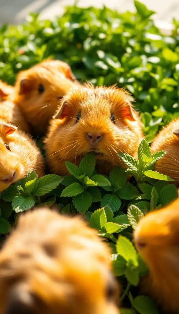 A herd of fluffy, brown guinea pigs sitting on a bed of lush, green mint leaves, their little mouths eagerly nibbling on the fragrant foliage. The scene is bathed in warm, natural lighting, casting a soft, golden glow over the content, inquisitive expressions of the guinea pigs. The image is captured from a low angle, emphasizing the playful, endearing nature of the guinea pigs as they savor their leafy treat. The background is blurred, keeping the focus on the engaging, up-close interaction between the guinea pigs and the mint leaves.