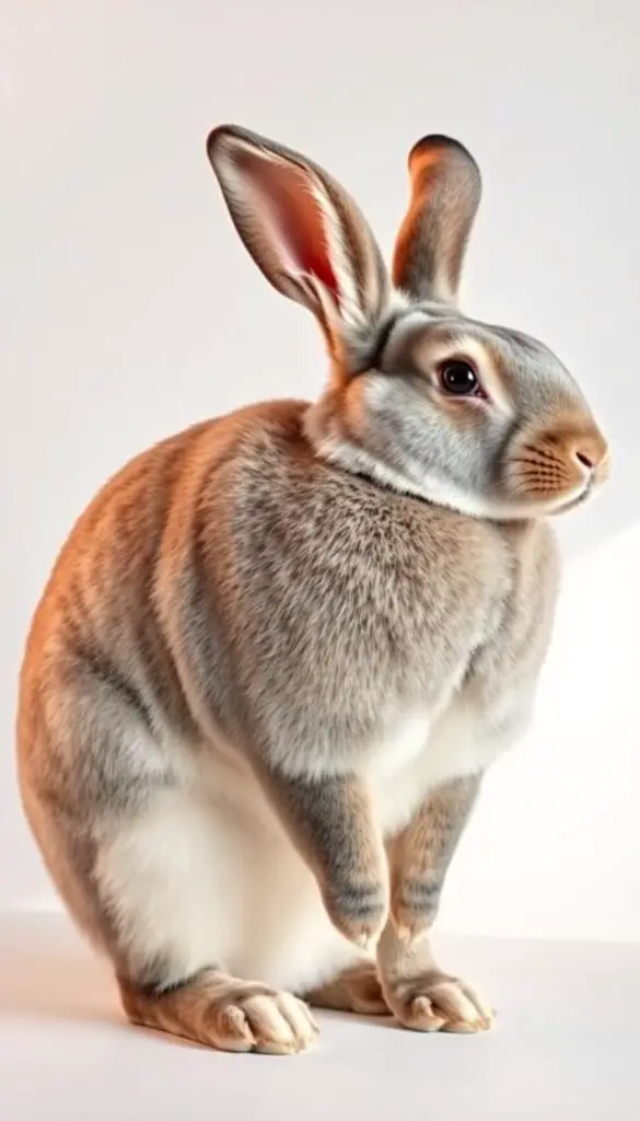 A large, muscular Flemish Giant rabbit standing proudly in a well-lit studio setting. Its thick, soft fur coat in shades of gray and white glistens under warm, natural lighting from the side. The rabbit's large, powerful haunches and broad shoulders are highlighted, showcasing its impressive build as a meat breed. The rabbit's face is captured in sharp focus, with attentive eyes and a serene expression. The background is clean and minimalist, allowing the rabbit's magnificent presence to take center stage.