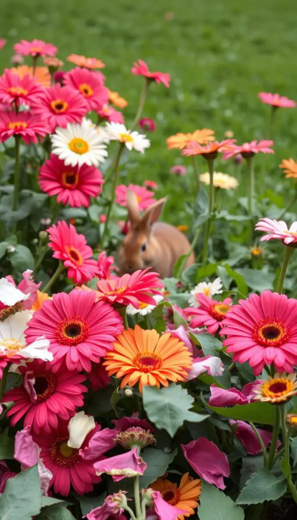 A lush garden filled with vibrant gerbera daisies, their petals scattered and trampled by the mischievous nibbles of a curious rabbit. The foreground showcases the telltale signs of damage - torn leaves, crushed stems, and wilting blooms. A soft, diffused light filters through the scene, casting delicate shadows that accentuate the delicate, yet ravaged, floral arrangement. In the middle ground, the rabbit's presence is hinted at by a pair of twitching ears or a quick, darting movement, as it continues its exploration of the garden. The background is a serene, verdant backdrop, providing context and emphasizing the contrast between the rabbit's destructive behavior and the once-pristine flowers.