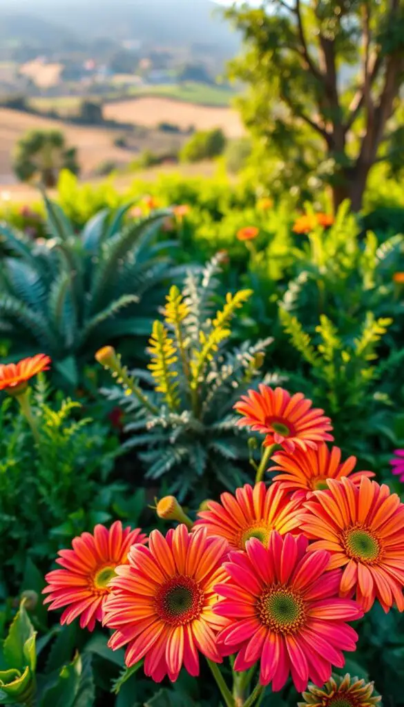 A lush garden scene featuring vibrant gerbera daisies in the foreground, surrounded by complementary companion plants. The daisies, with their vivid petals and cheerful centers, are bathed in warm, golden sunlight, creating a welcoming and tranquil atmosphere. In the middle ground, a variety of complementary foliage plants, such as ferns and low-growing greenery, provide a harmonious backdrop, enhancing the natural beauty of the daisies. The background features a softly blurred landscape, hinting at a serene and picturesque setting. The entire composition is captured with a wide-angle lens, allowing for a panoramic view that showcases the symbiotic relationship between the gerbera daisies and their companion plantings.