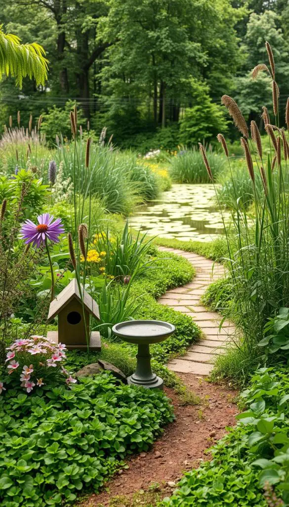A lush, verdant garden filled with diverse wildlife-friendly plants and natural elements. In the foreground, a birdhouse nestled among flowering shrubs and a birdbath surrounded by a carpet of clover. In the middle ground, a meandering path bordered by vibrant wildflowers and tall grasses, inviting exploration. The background features a tranquil pond with cattails and lily pads, where dragonflies and frogs thrive. Soft, diffused natural lighting filters through the canopy of trees, creating a serene, enchanting atmosphere. The overall scene conveys a harmonious balance between human-designed and nature-inspired elements, showcasing wildlife-friendly garden maintenance strategies.